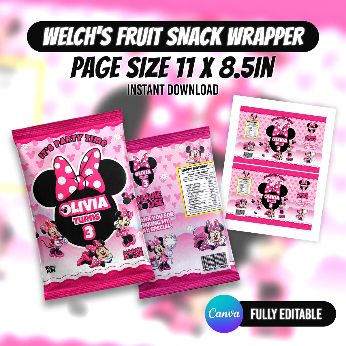 Minni Mouse Birthday Party Favor Bundle Editable Canva Birthday Party Kit 10 Favor Items