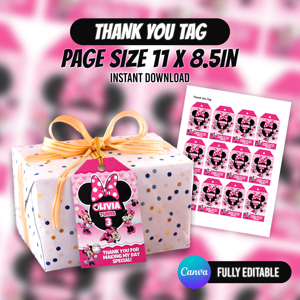 Minni Mouse Birthday Party Favor Bundle Editable Canva Birthday Party Kit 10 Favor Items