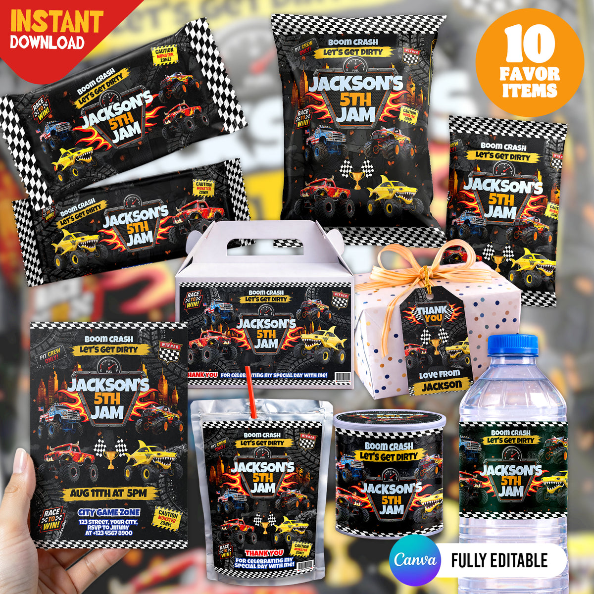 Monster Truck Birthday Party Favor Bundle Canva Editable 10 Item Instant Download