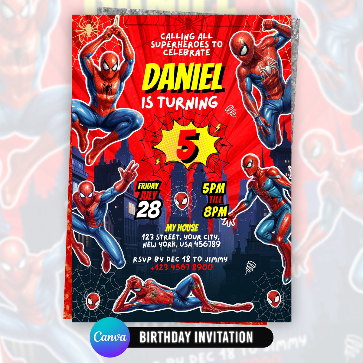 Spider Superhero Birthday Invitation Canva Comic Theme Party Printable