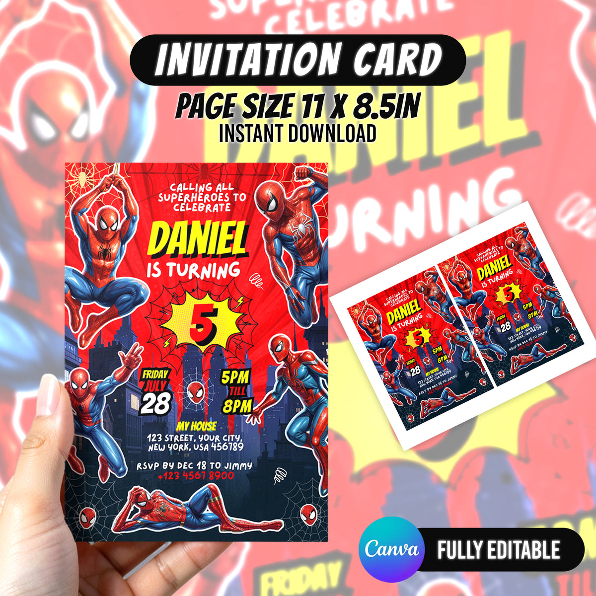 Spider Superhero Birthday Invitation Canva Comic Theme Party Printable