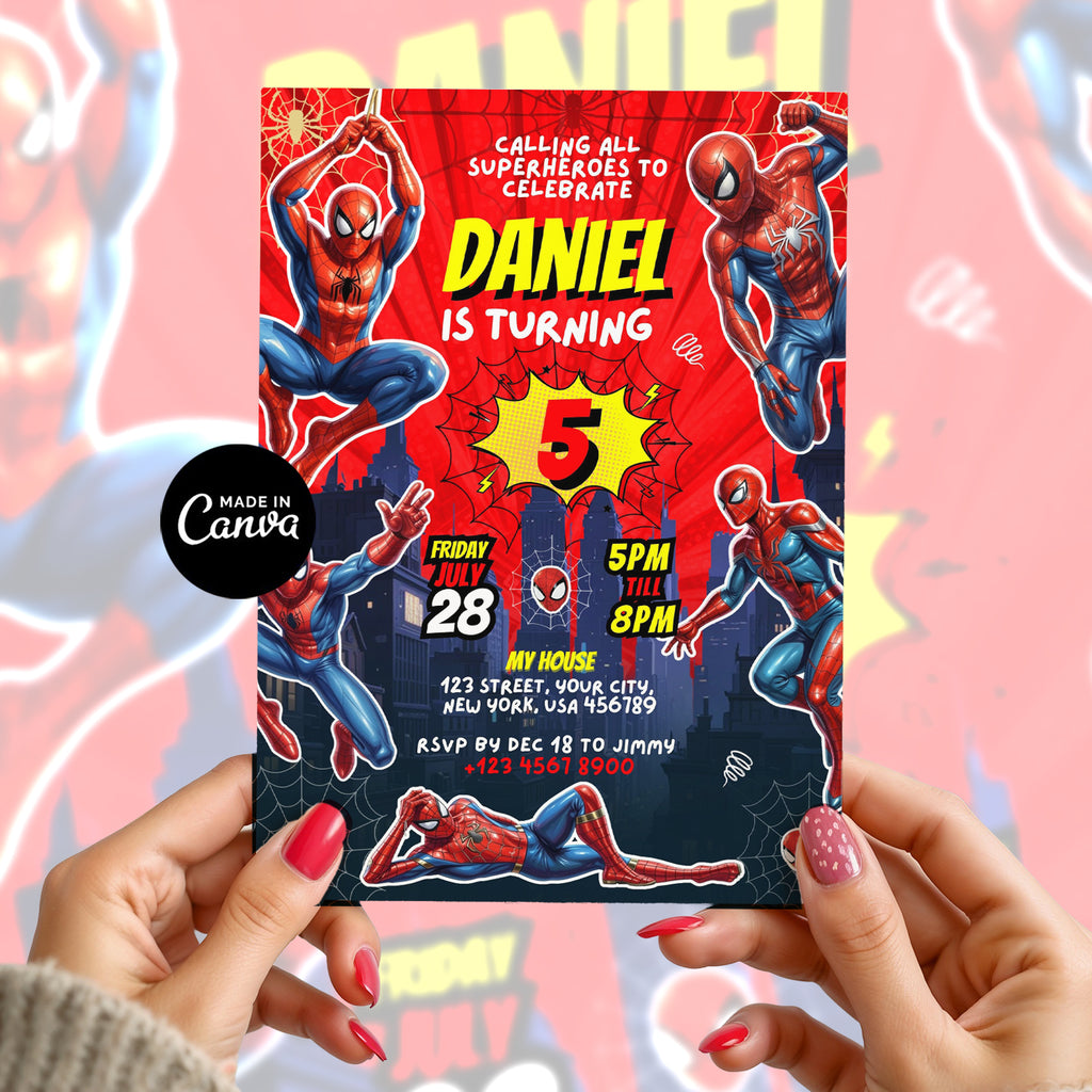Spider Superhero Birthday Invitation Canva Comic Theme Party Printable
