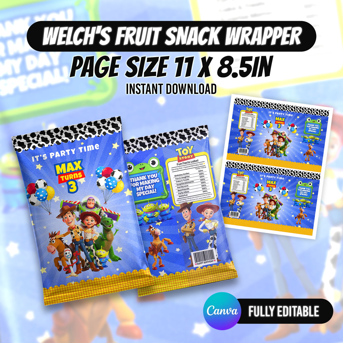 Toy Story Birthday Party Favor Bundle Canva Editable 10 Items